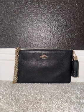 Coach Black Pebbled Leather Wristlet Clutch with Gold Chain & Tassel